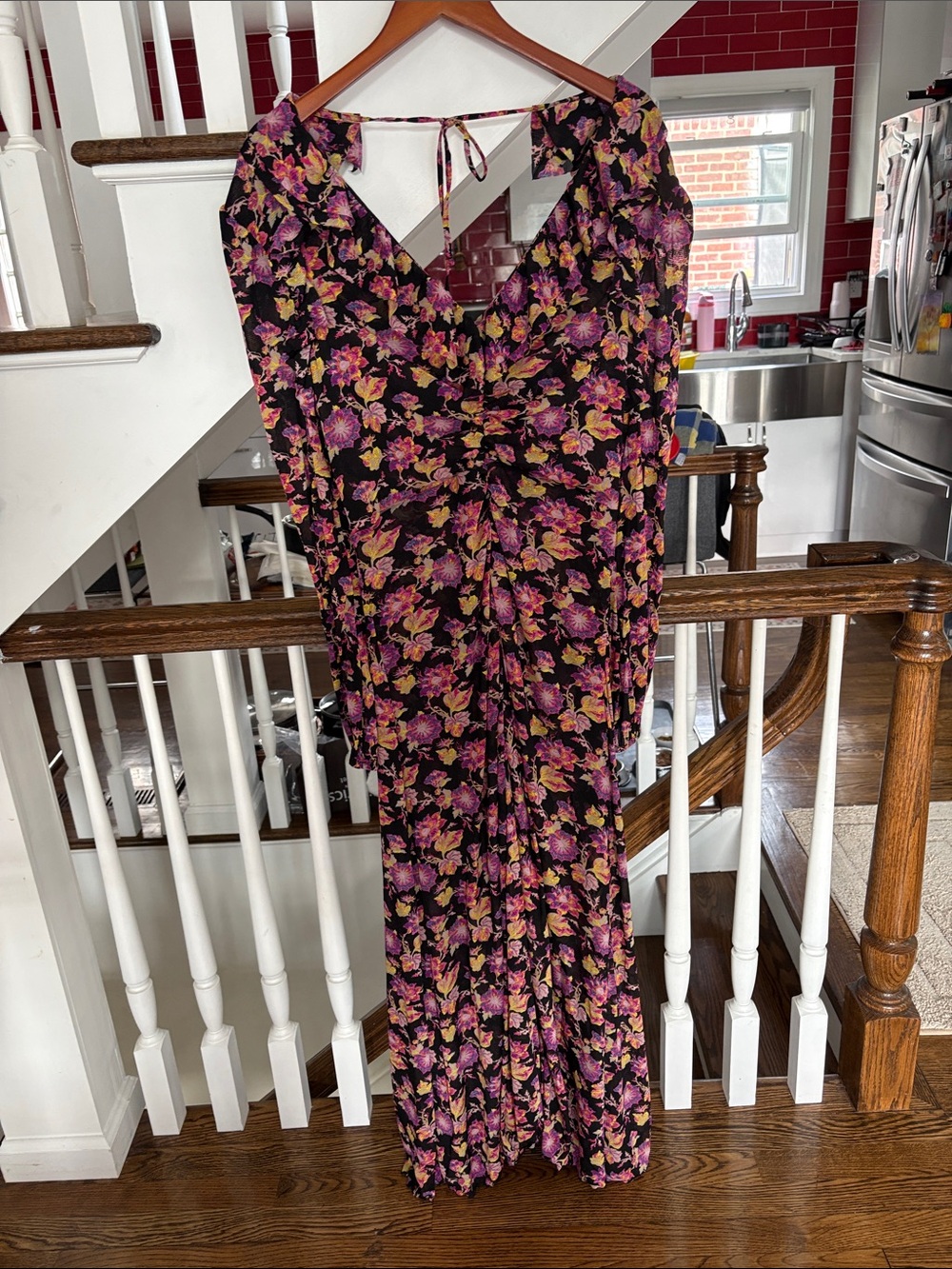 Diane Von Furstenberg Black Maxi Dress with Pink & Yellow Floral Motif
